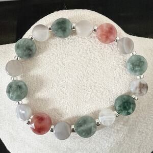 Second Bloom Studio Artisan Made Agate Stretch Bracelet 6.5" Green Orange Gray